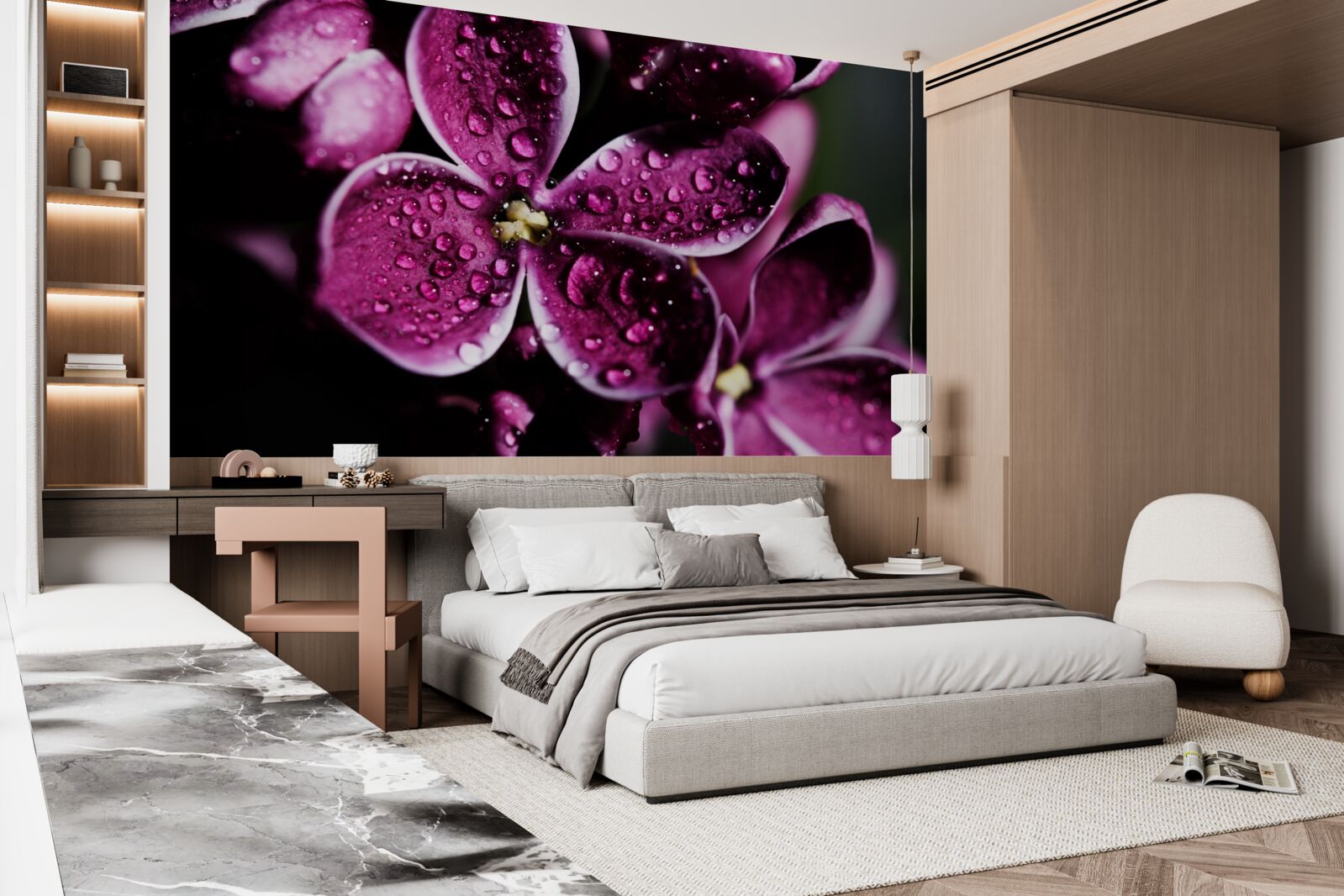 Фотошпалери крихітні крапельки на квітах зі світло-фіолетовим відтінком