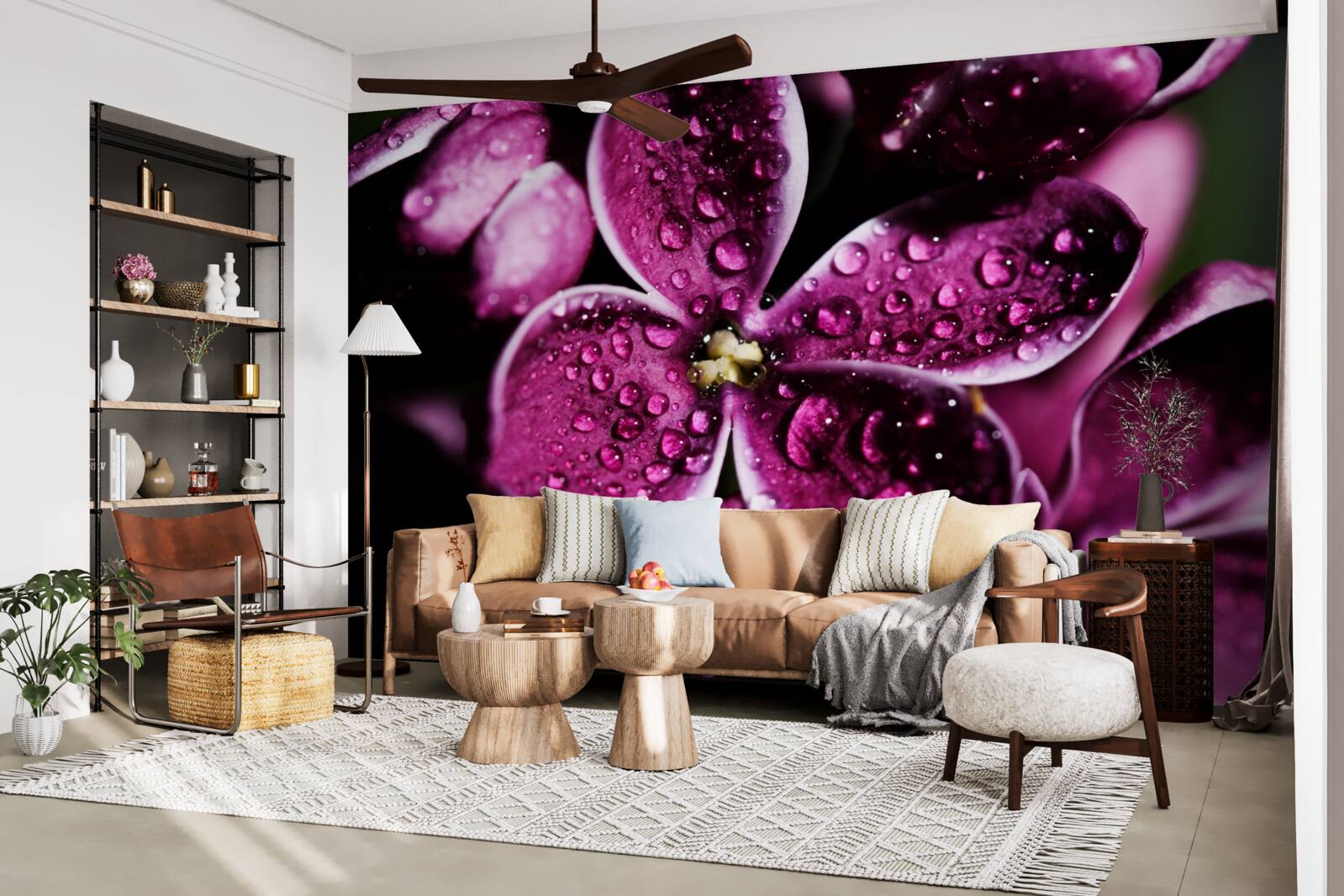 Фотошпалери крихітні крапельки на квітах зі світло-фіолетовим відтінком