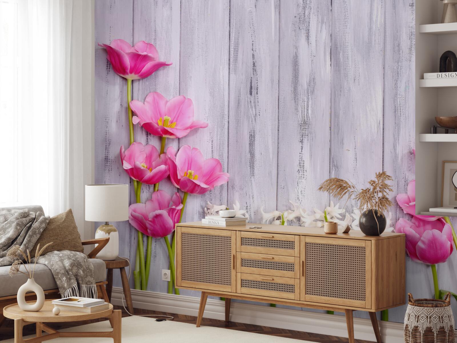 Фотошпалери рожеві тюльпани, що ростуть на дереві