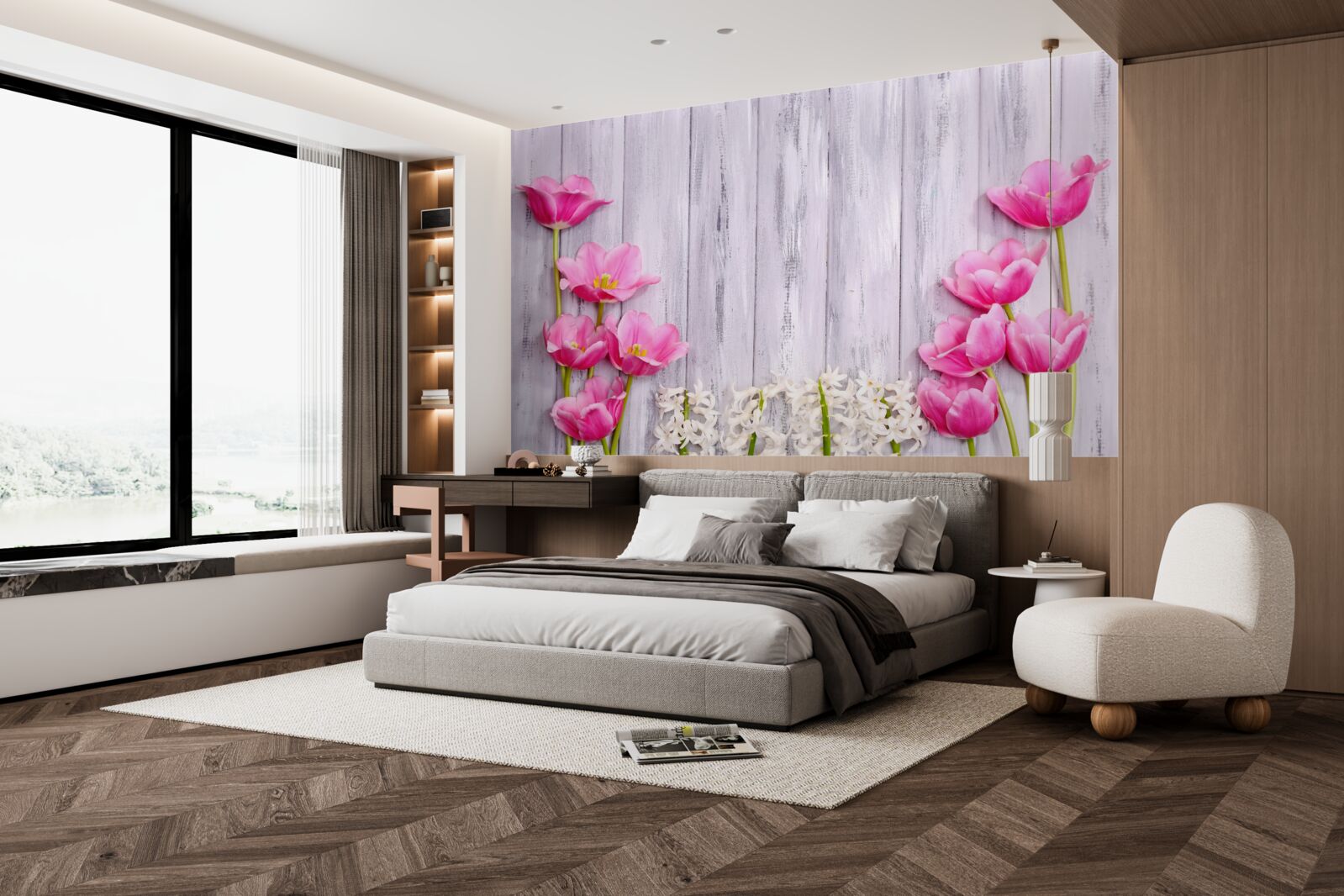 Фотошпалери рожеві тюльпани, що ростуть на дереві