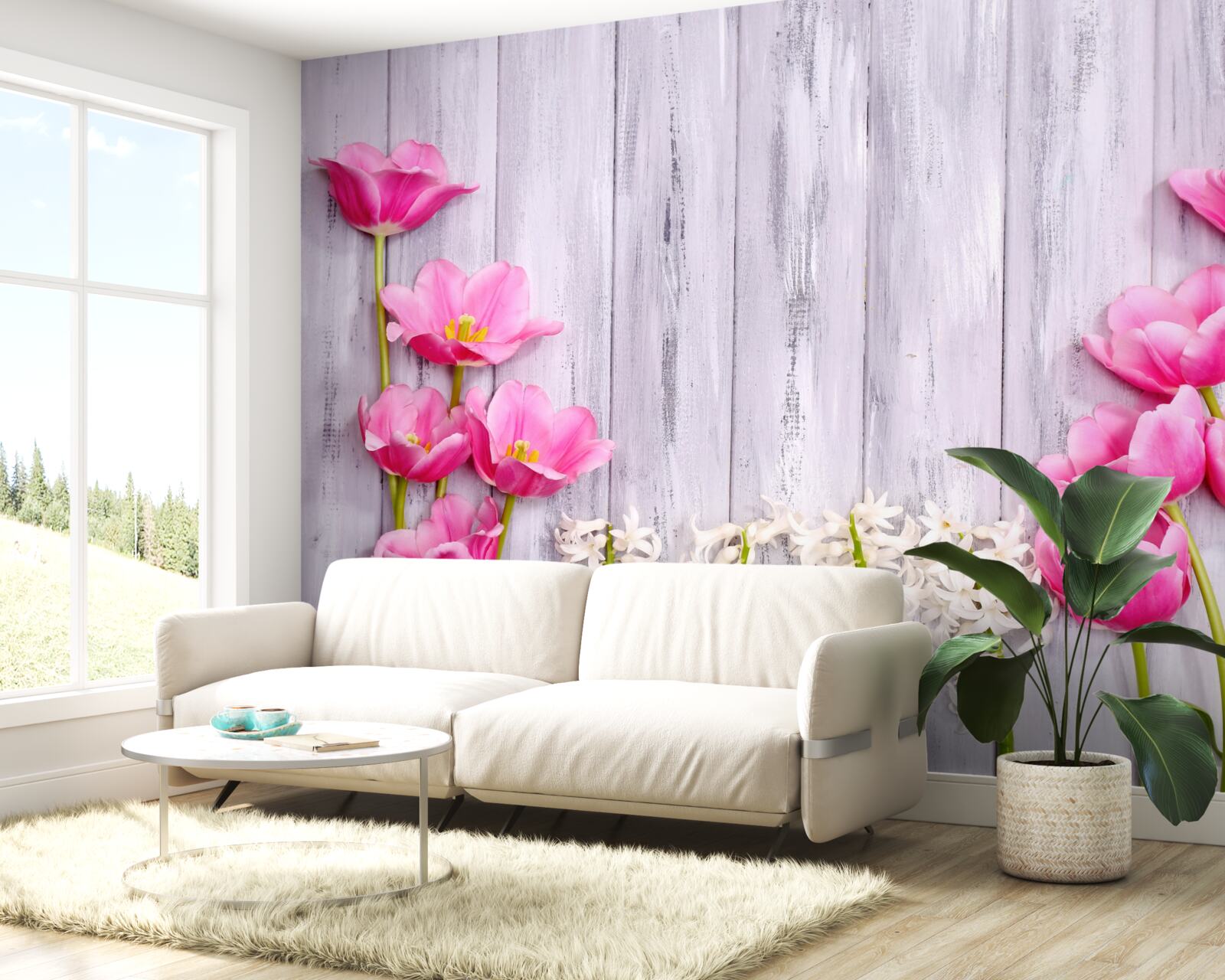 Фотошпалери рожеві тюльпани, що ростуть на дереві