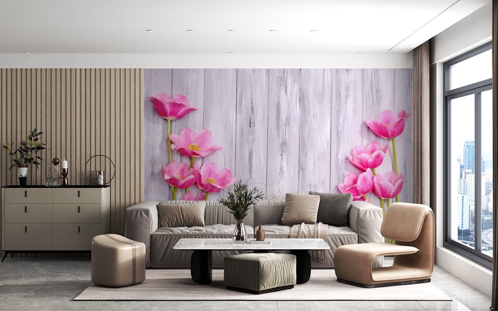 Фотошпалери рожеві тюльпани, що ростуть на дереві