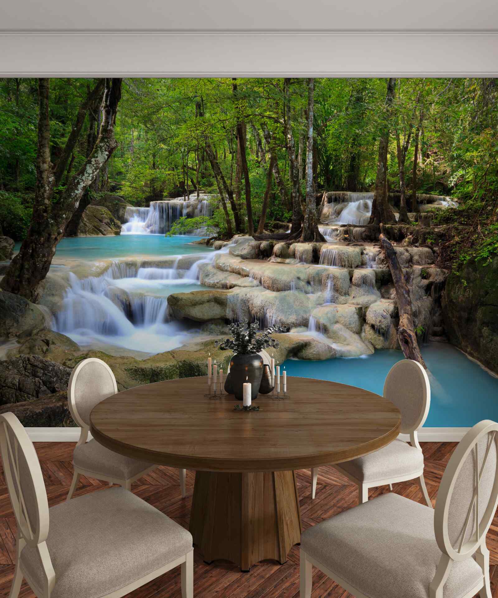 Фотошпалери водоспади, що падають у густий ліс