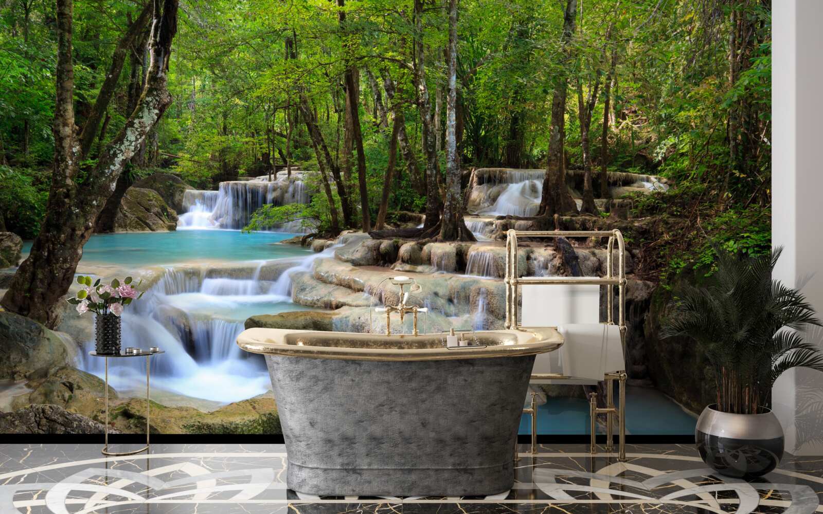 Фотошпалери водоспади, що падають у густий ліс