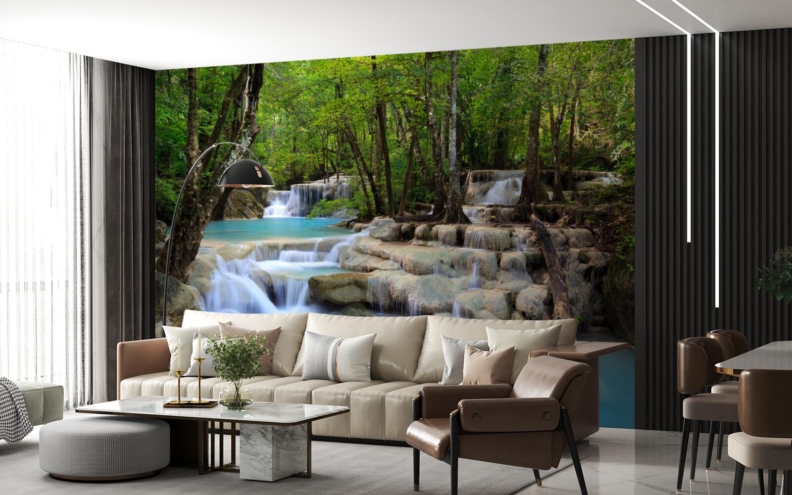 Фотошпалери водоспади, що падають у густий ліс