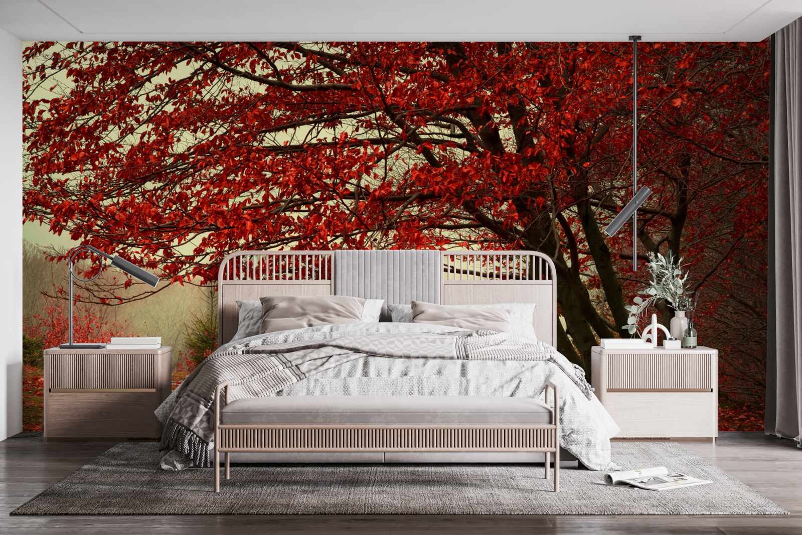 Фотошпалери туманний ранок осіннього лісу з відтінками бордо