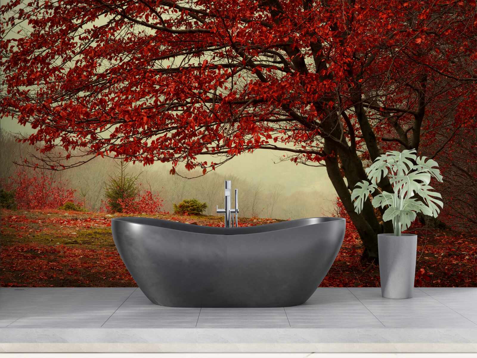 Фотошпалери туманний ранок осіннього лісу з відтінками бордо