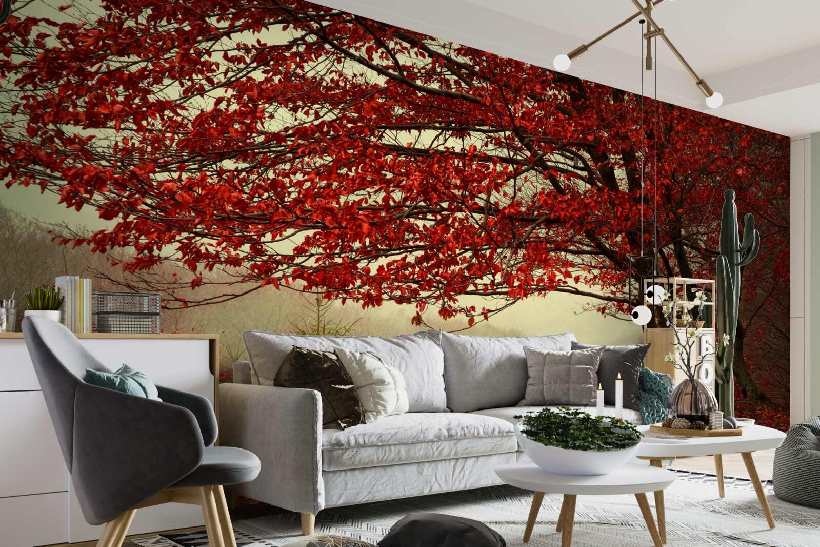 Фотошпалери туманний ранок осіннього лісу з відтінками бордо