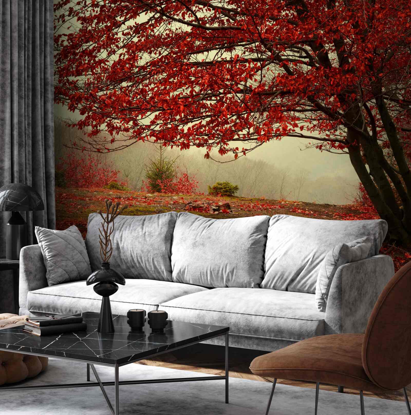 Фотошпалери туманний ранок осіннього лісу з відтінками бордо