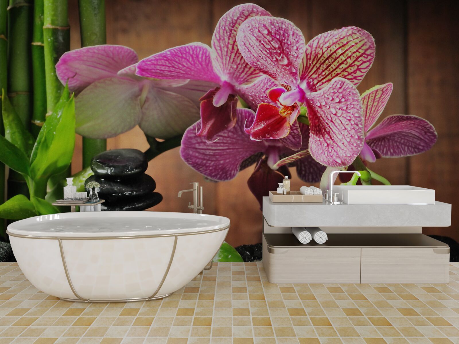 Фотошпалери малинова орхідея серед каміння