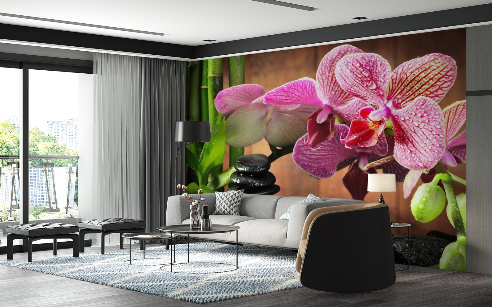 Фотошпалери малинова орхідея серед каміння