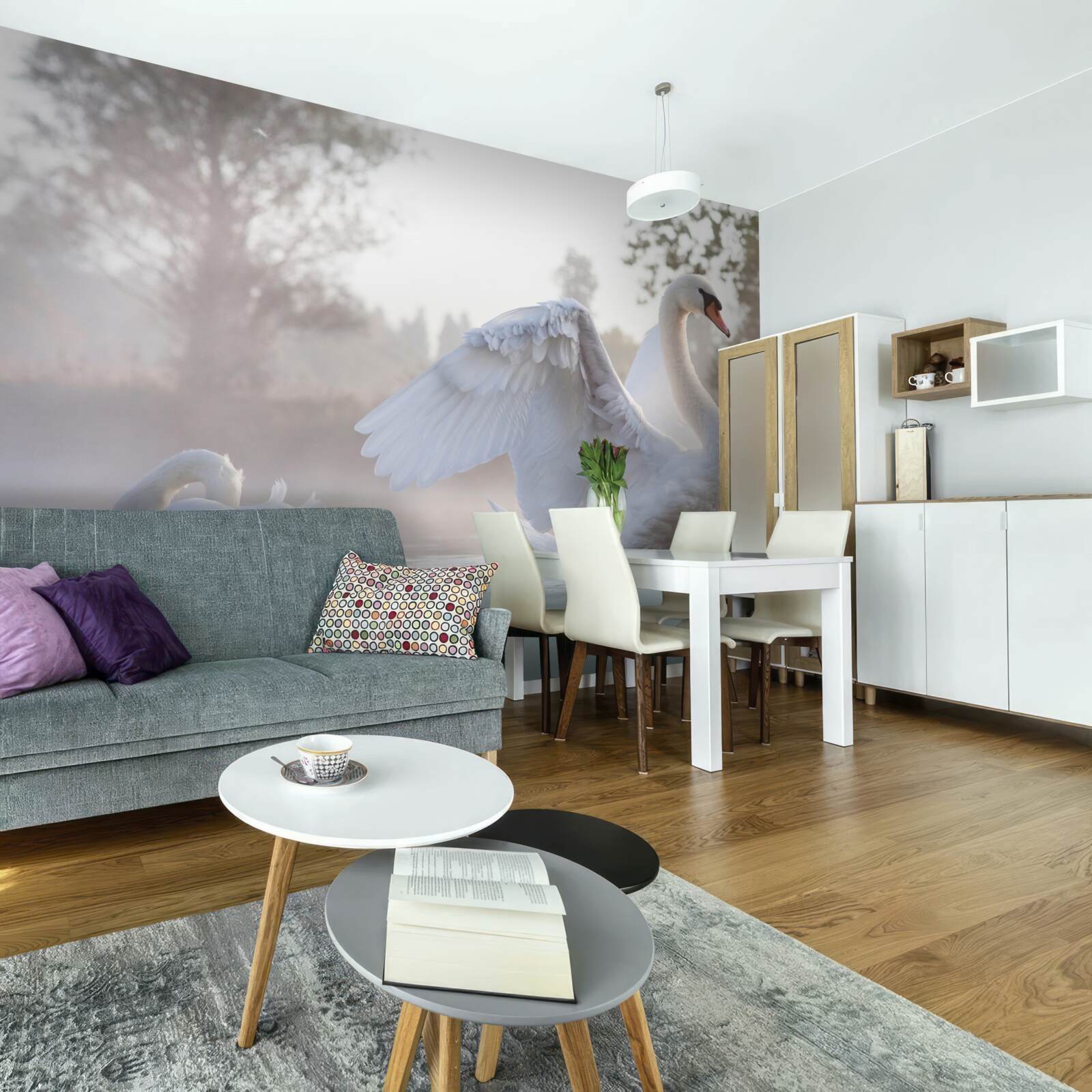 Фотошпалери величний білосніжний лебідь, що пливе по воді