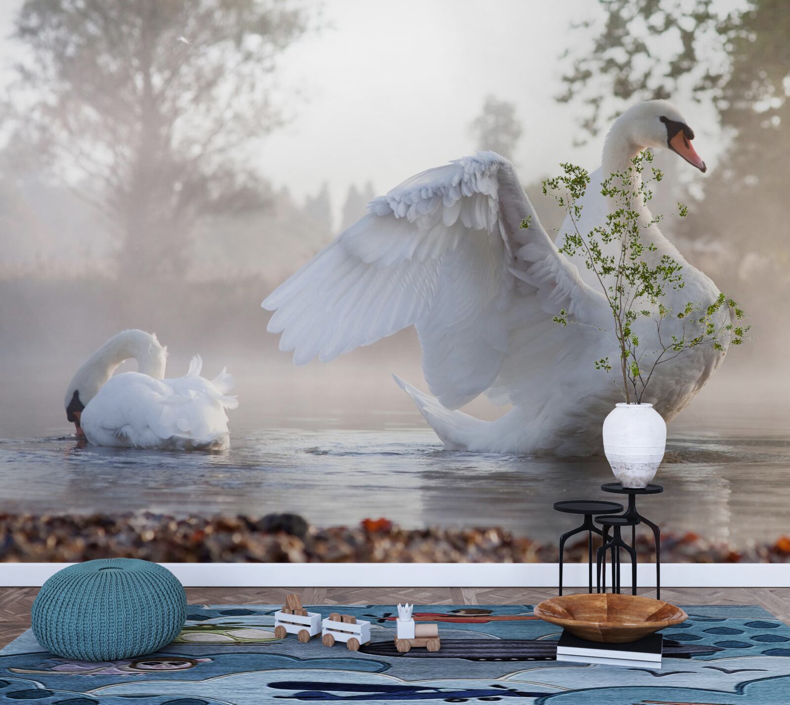 Фотошпалери величний білосніжний лебідь, що пливе по воді