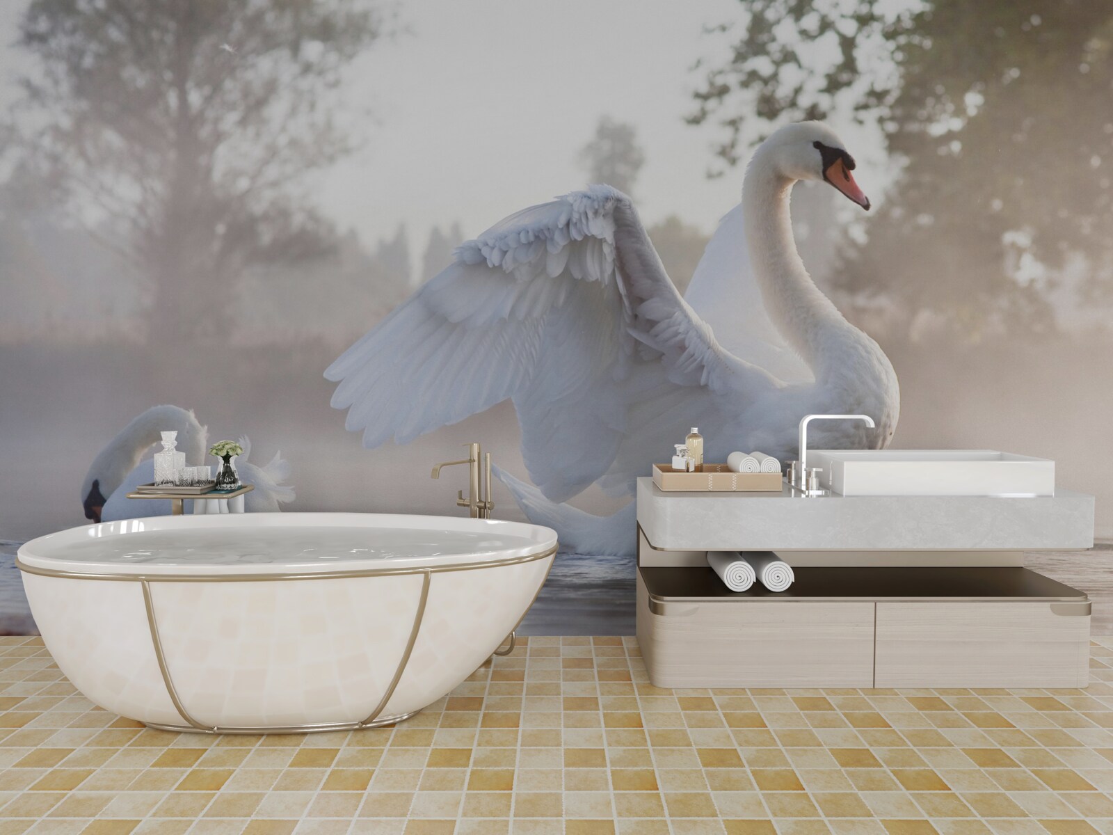 Фотошпалери величний білосніжний лебідь, що пливе по воді