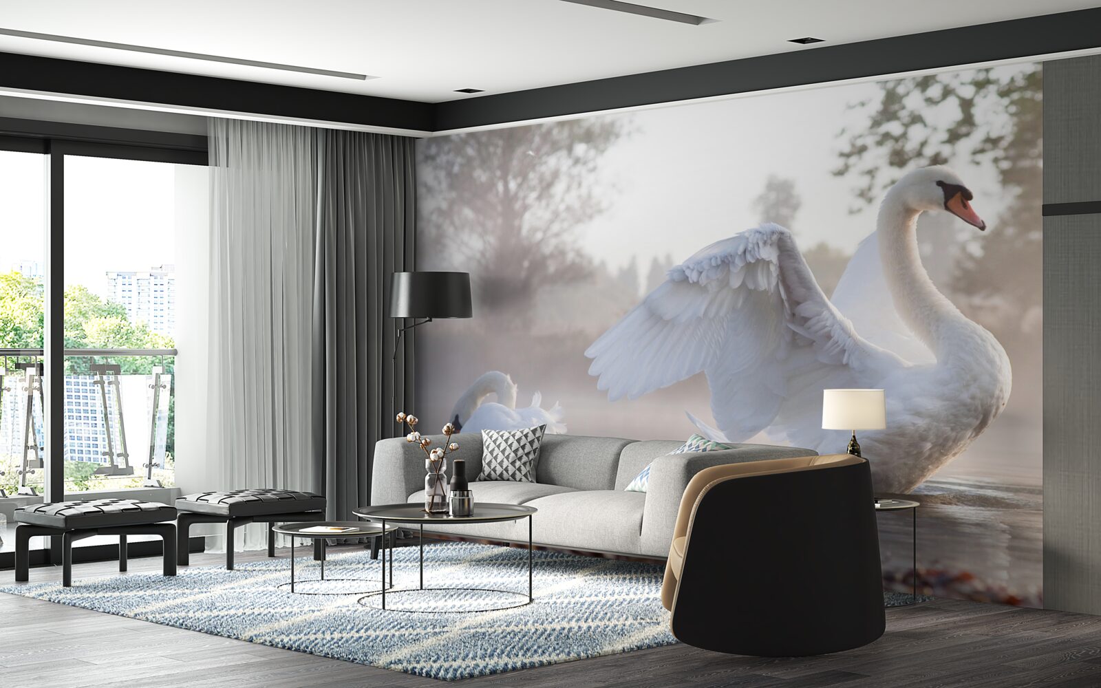 Фотошпалери величний білосніжний лебідь, що пливе по воді