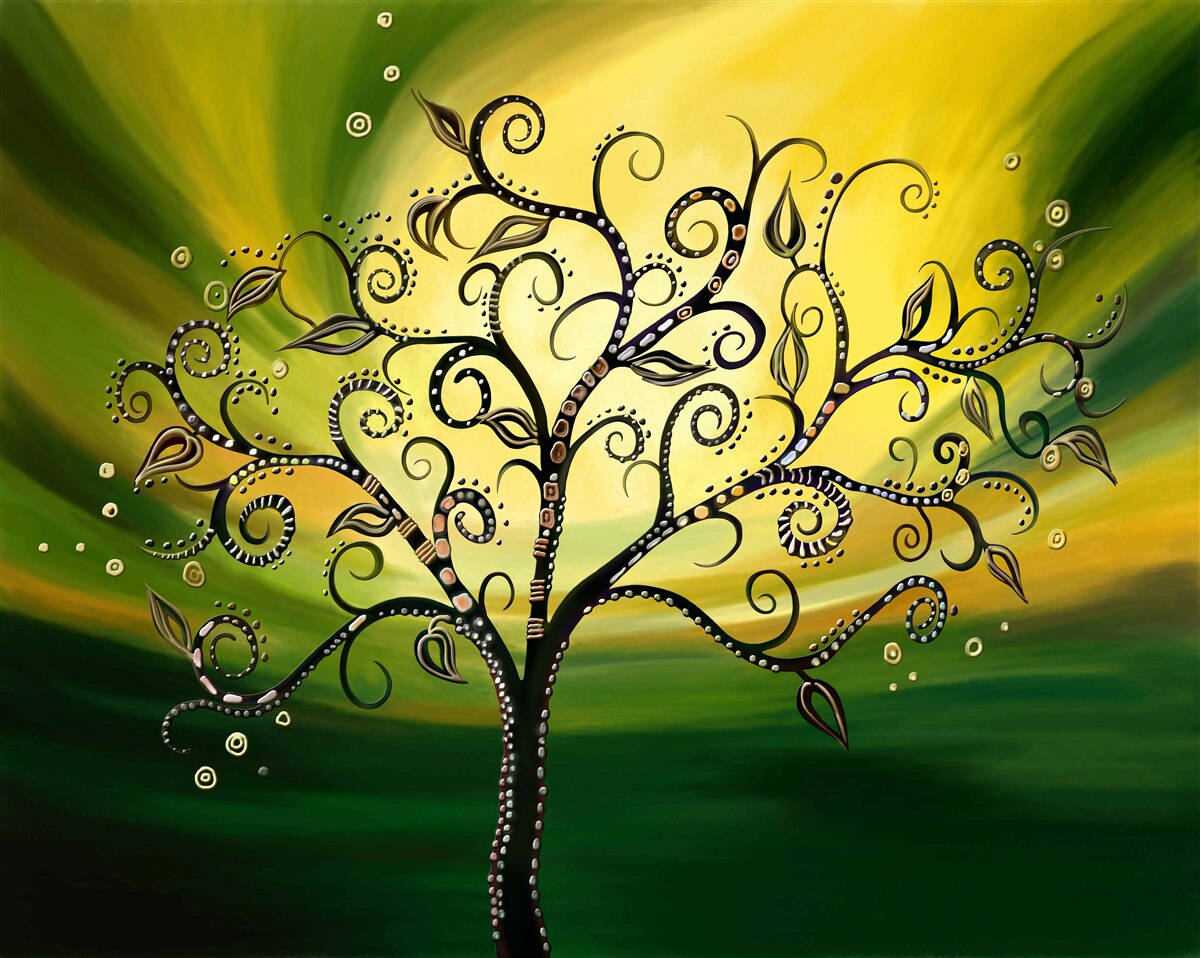 Фотошпалери дерево з візерунками на тлі зеленого неба на заході сонця