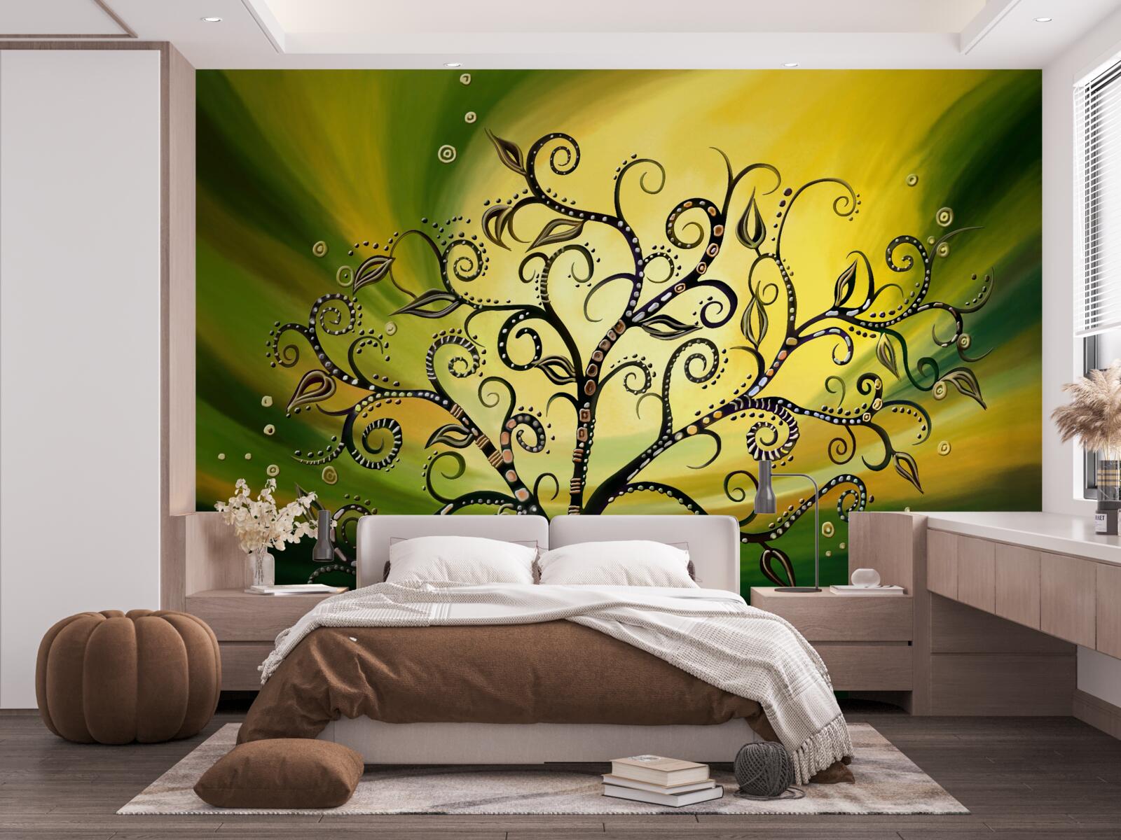 Фотошпалери дерево з візерунками на тлі зеленого неба на заході сонця