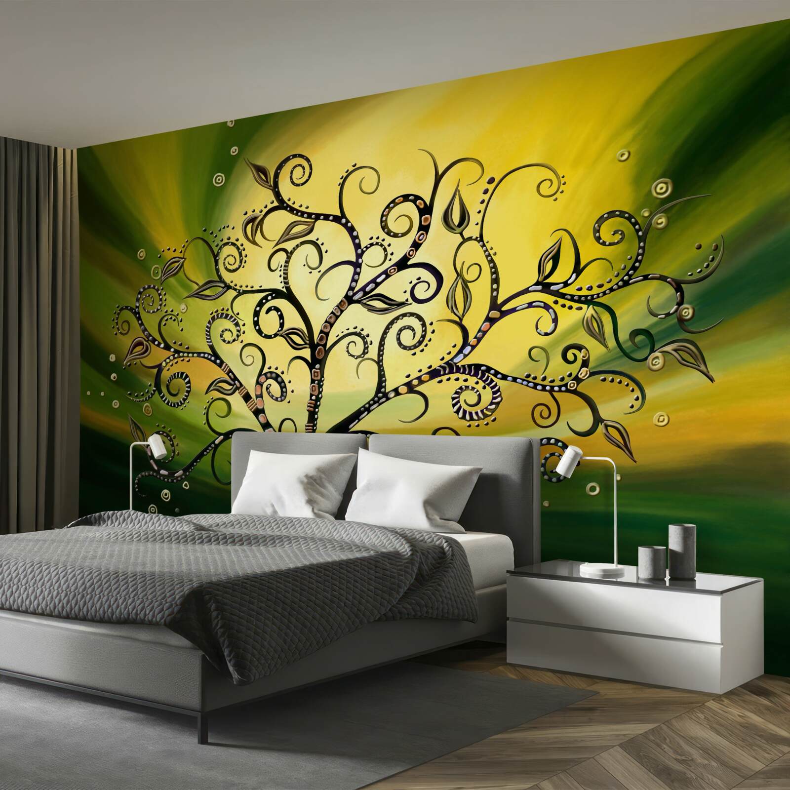 Фотошпалери дерево з візерунками на тлі зеленого неба на заході сонця