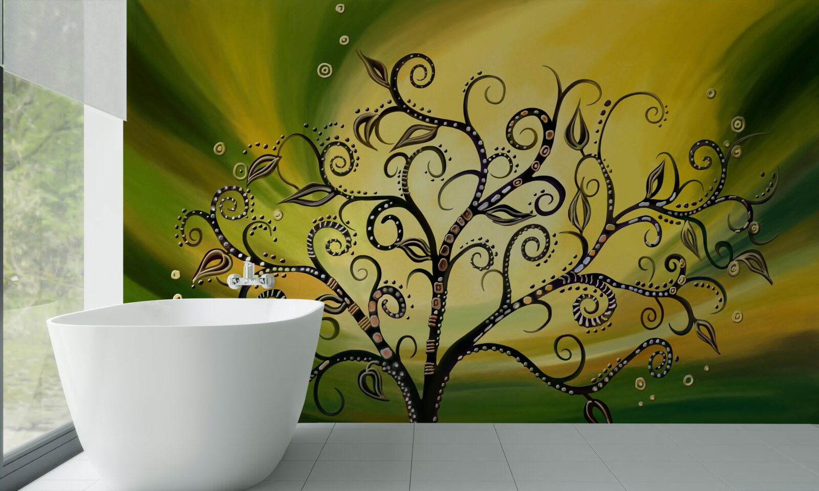 Фотошпалери дерево з візерунками на тлі зеленого неба на заході сонця