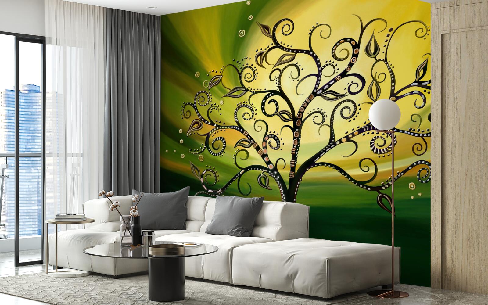 Фотошпалери дерево з візерунками на тлі зеленого неба на заході сонця