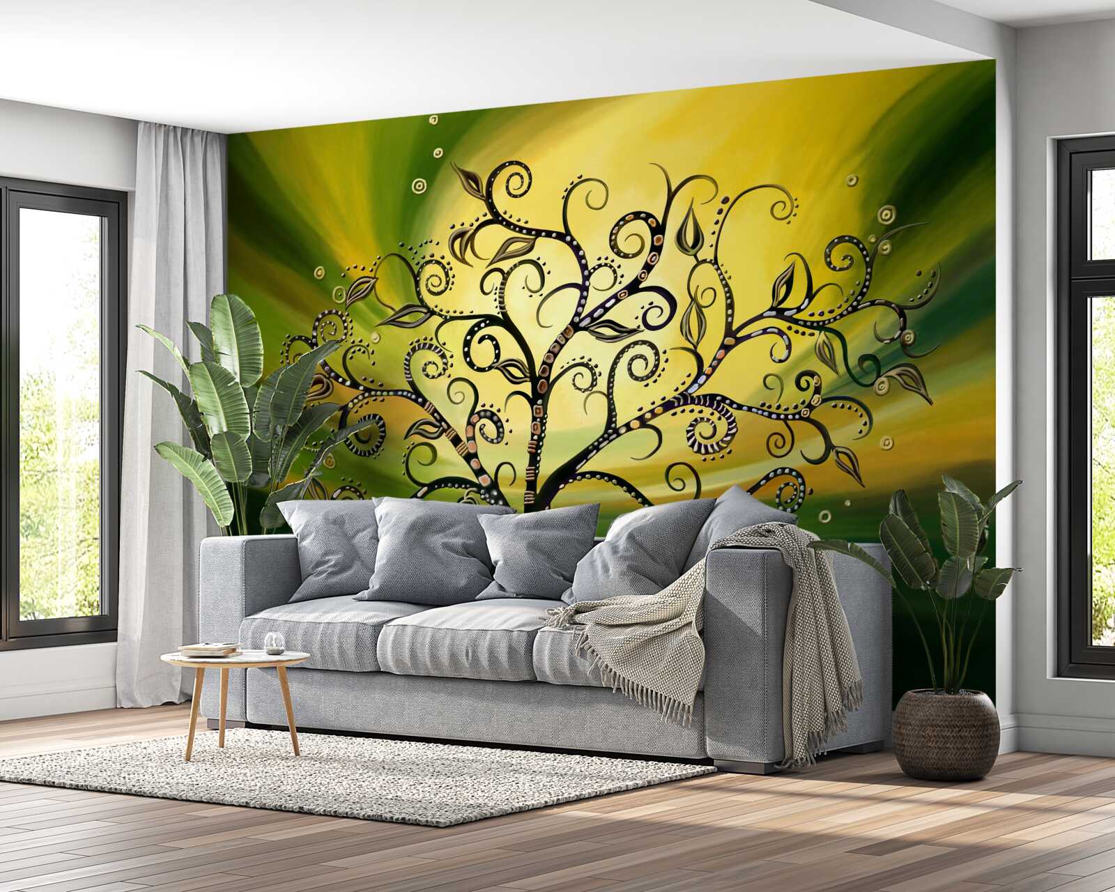 Фотошпалери дерево з візерунками на тлі зеленого неба на заході сонця