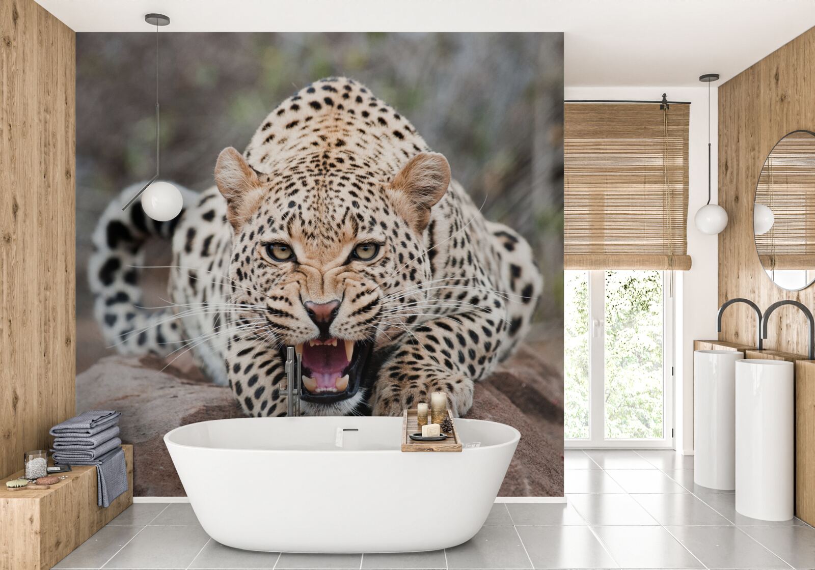 Фотошпалери збуджений леопард готується до стрибка