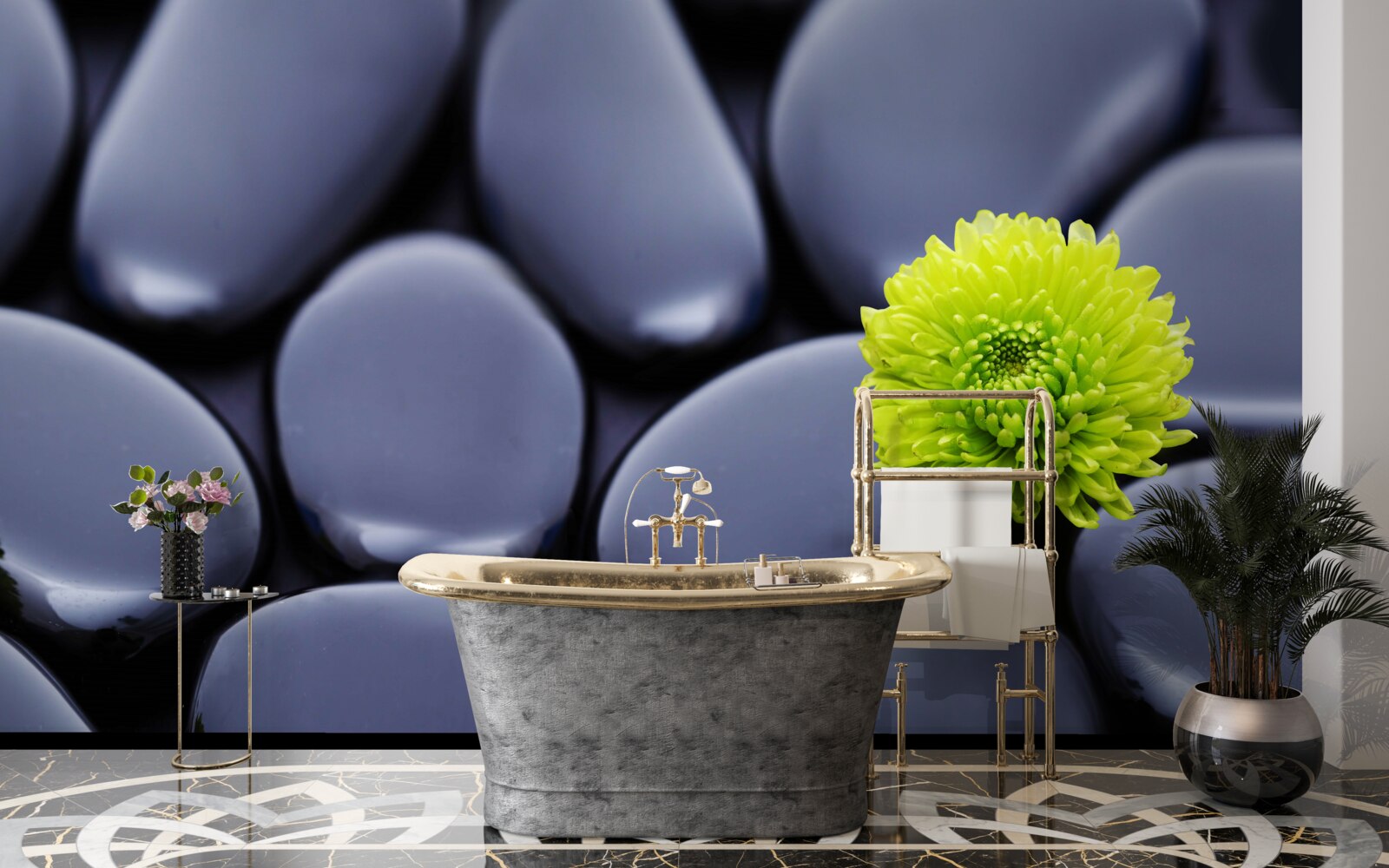 Фотошпалери зелена квітка росте над кам'янистим бар'єром