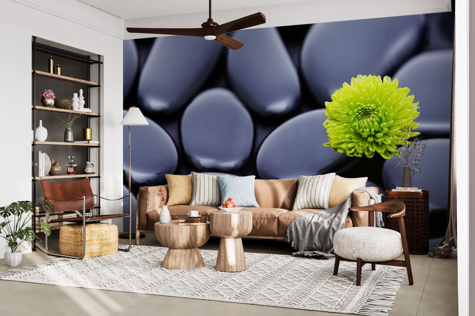 Фотошпалери зелена квітка росте над кам'янистим бар'єром