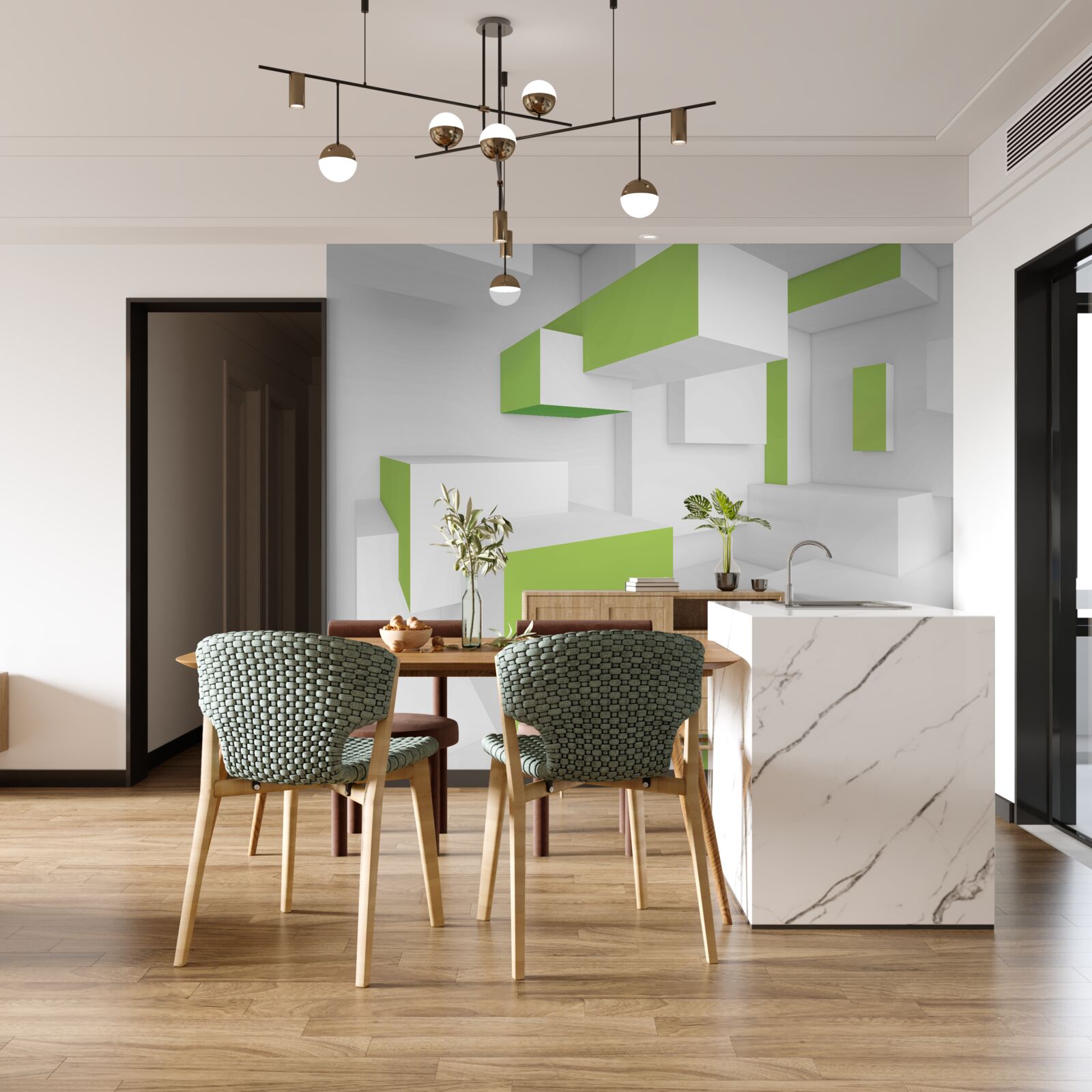 Фотошпалери прямокутні конструкції зі світло-зеленим облицюванням