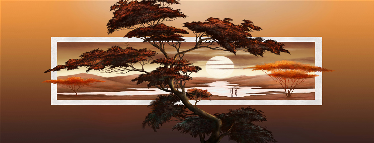 Фотошпалери на тлі яскравого заходу сонця височіє величне і пишне дерево