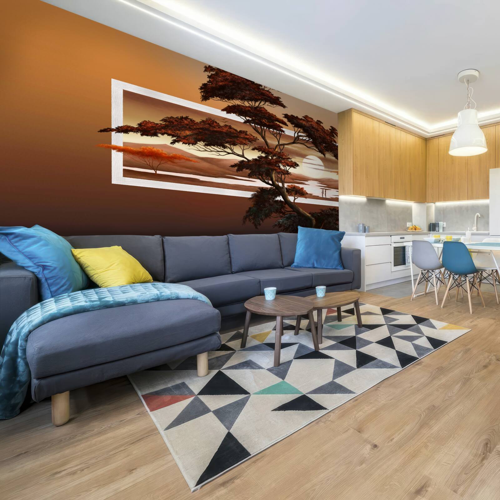 Фотошпалери на тлі яскравого заходу сонця височіє величне і пишне дерево