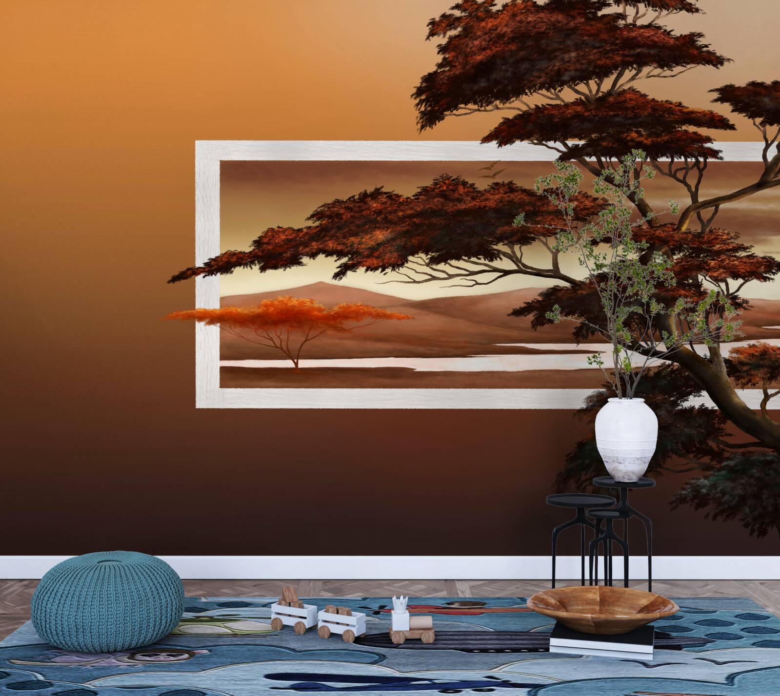 Фотошпалери на тлі яскравого заходу сонця височіє величне і пишне дерево