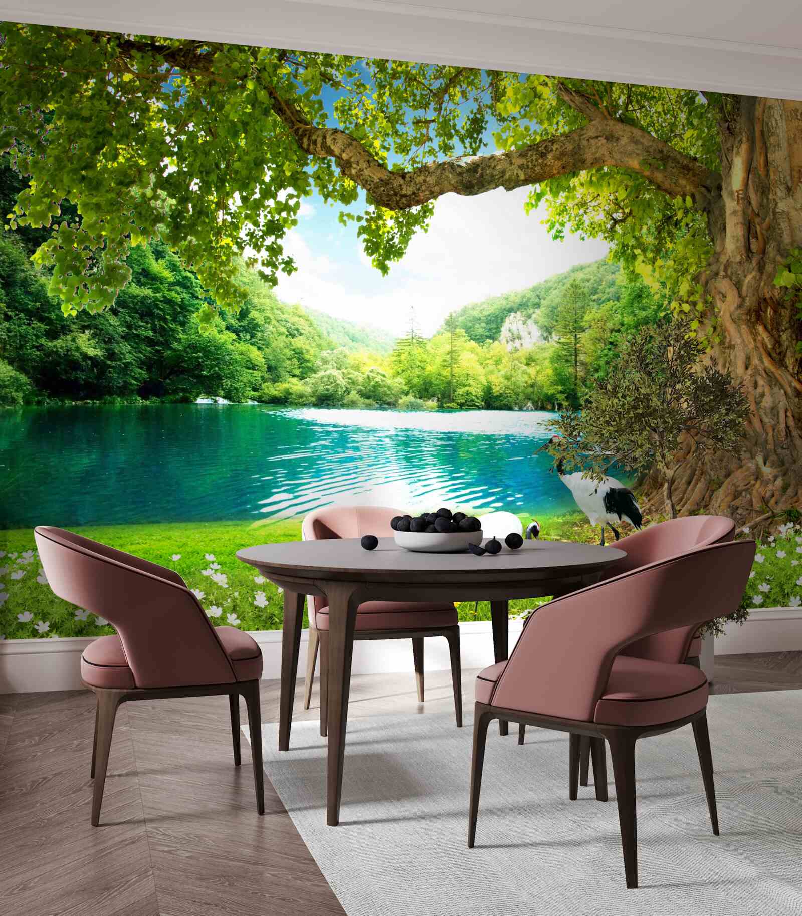 Фотошпалери два журавлі в полі біля ставка