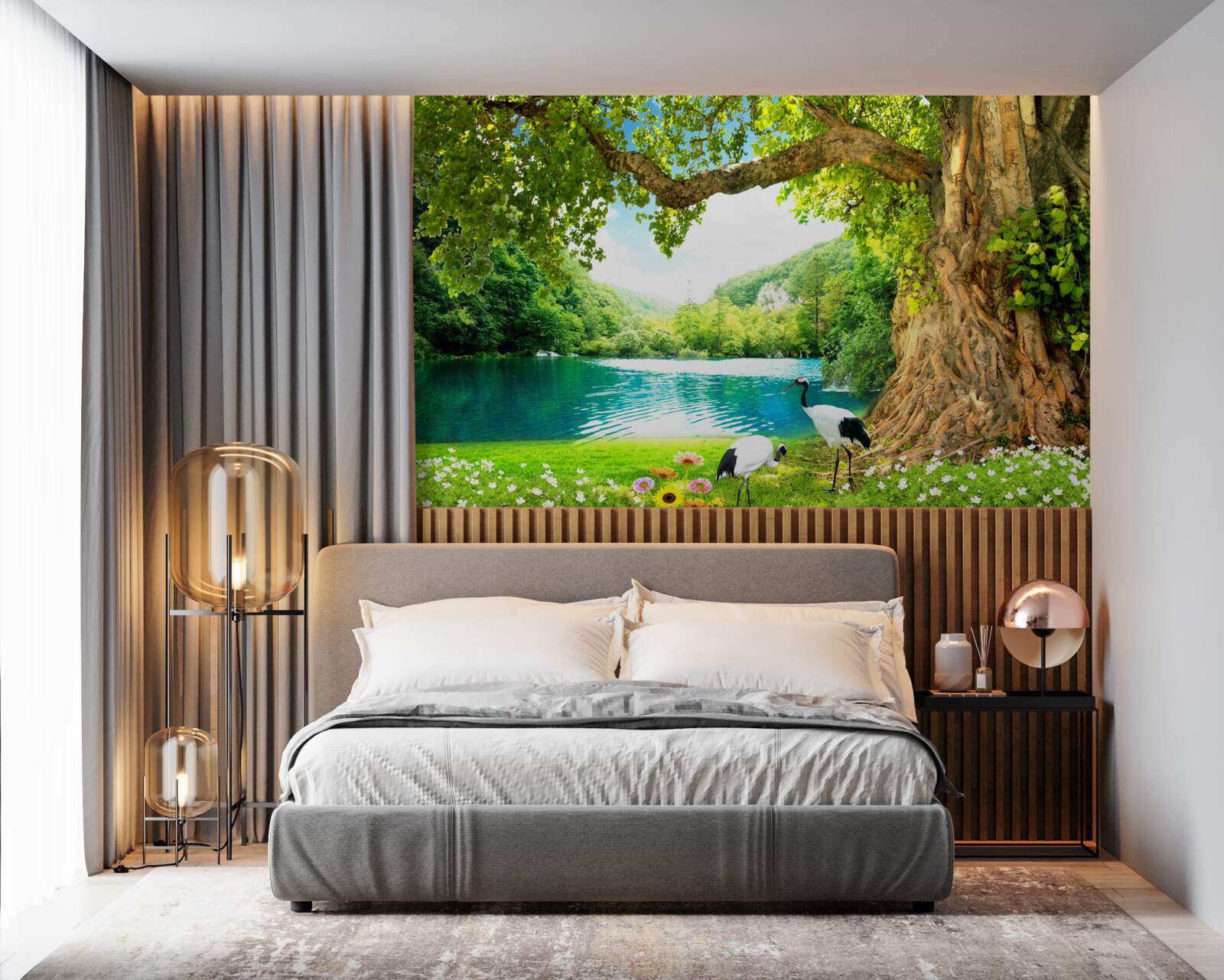 Фотошпалери два журавлі в полі біля ставка