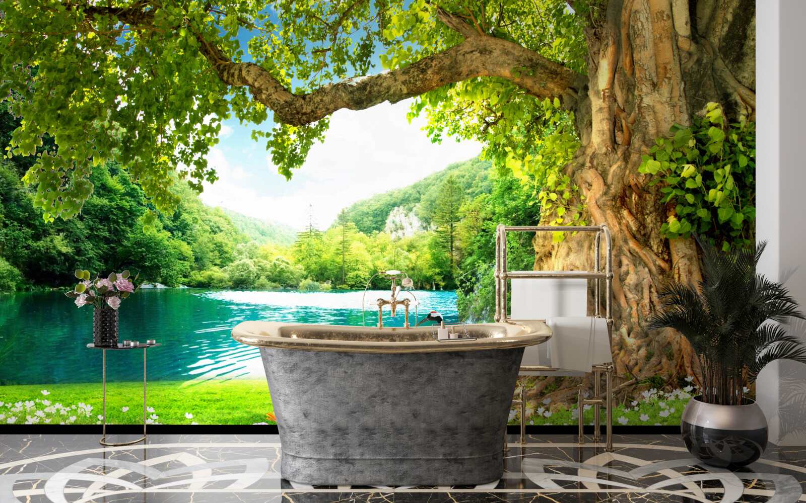 Фотошпалери два журавлі в полі біля ставка