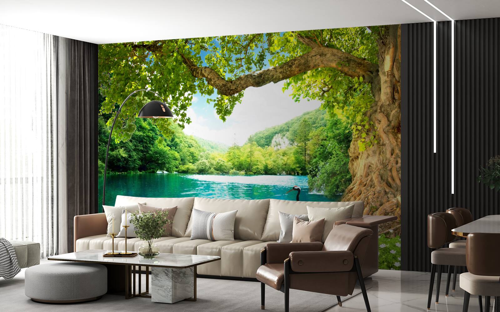 Фотошпалери два журавлі в полі біля ставка