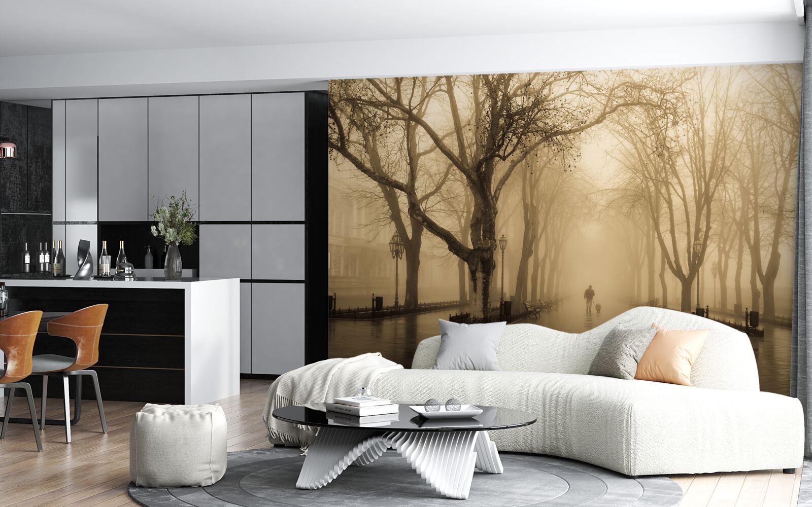 Фотошпалери проспект заповнений дощем і туманом