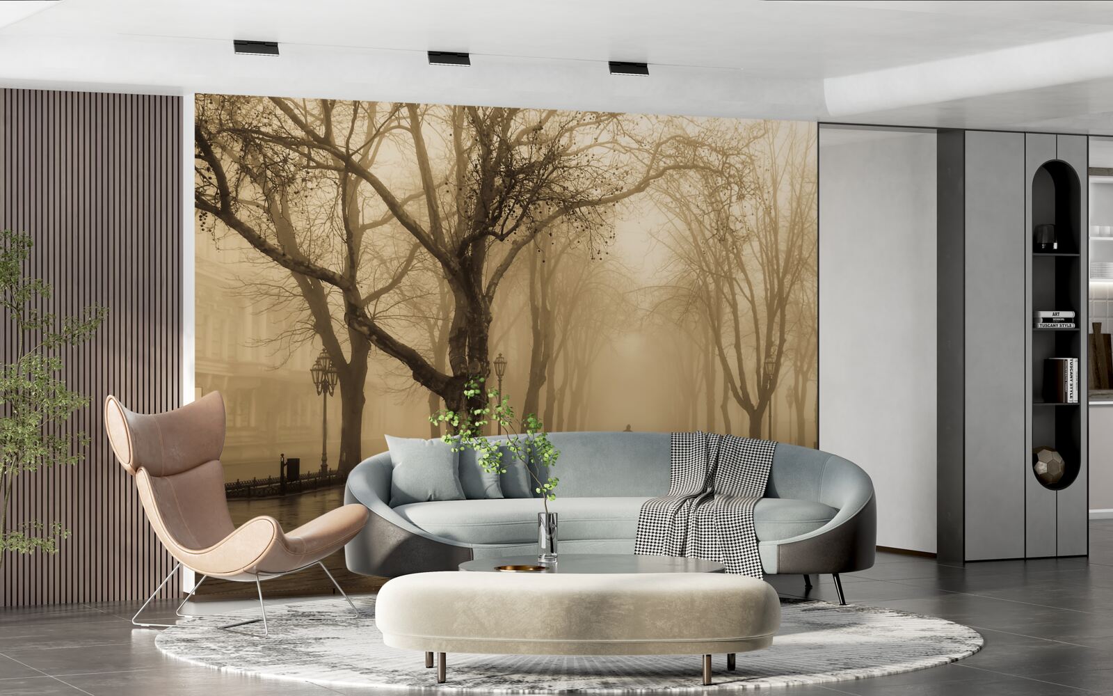 Фотошпалери проспект заповнений дощем і туманом