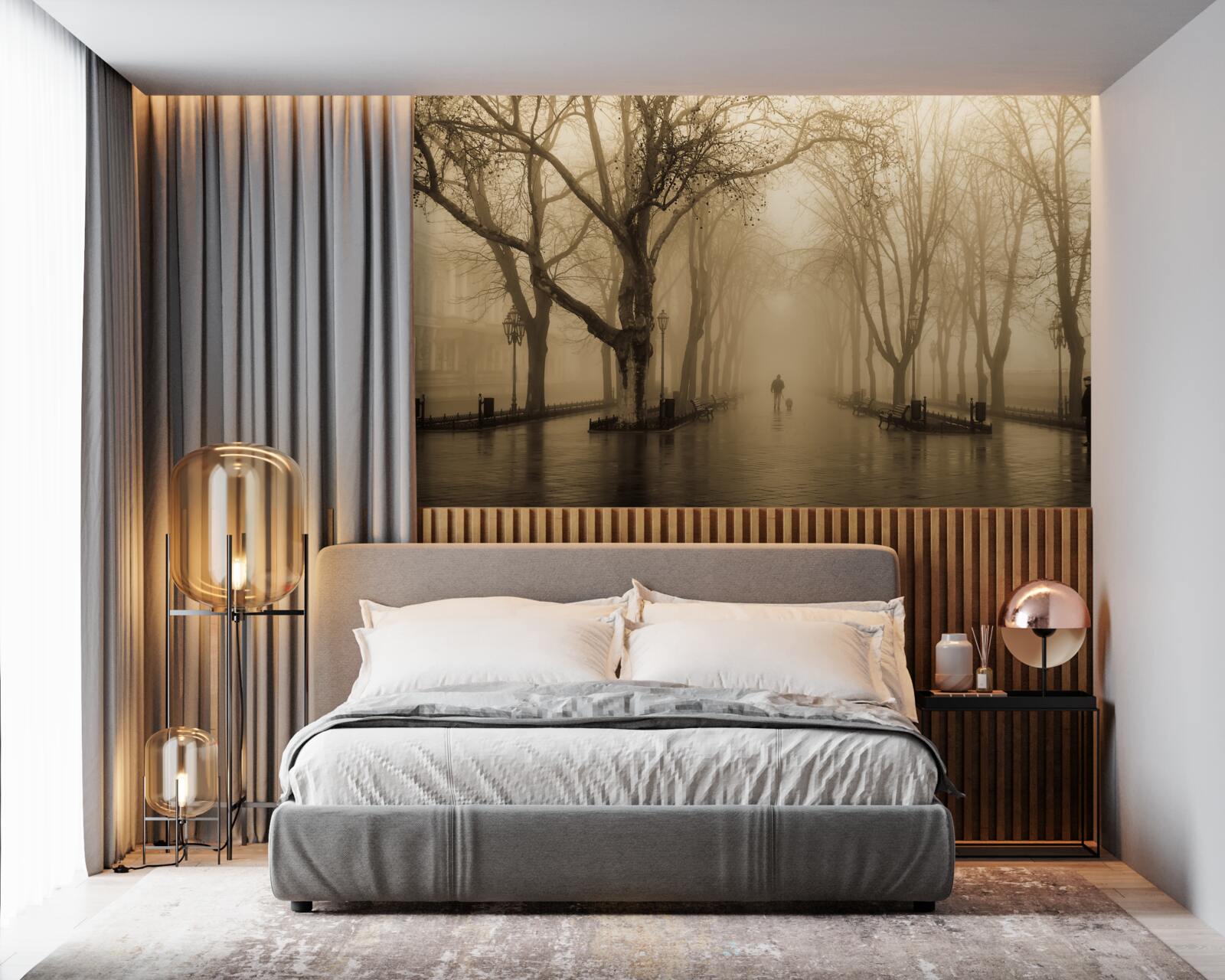 Фотошпалери проспект заповнений дощем і туманом