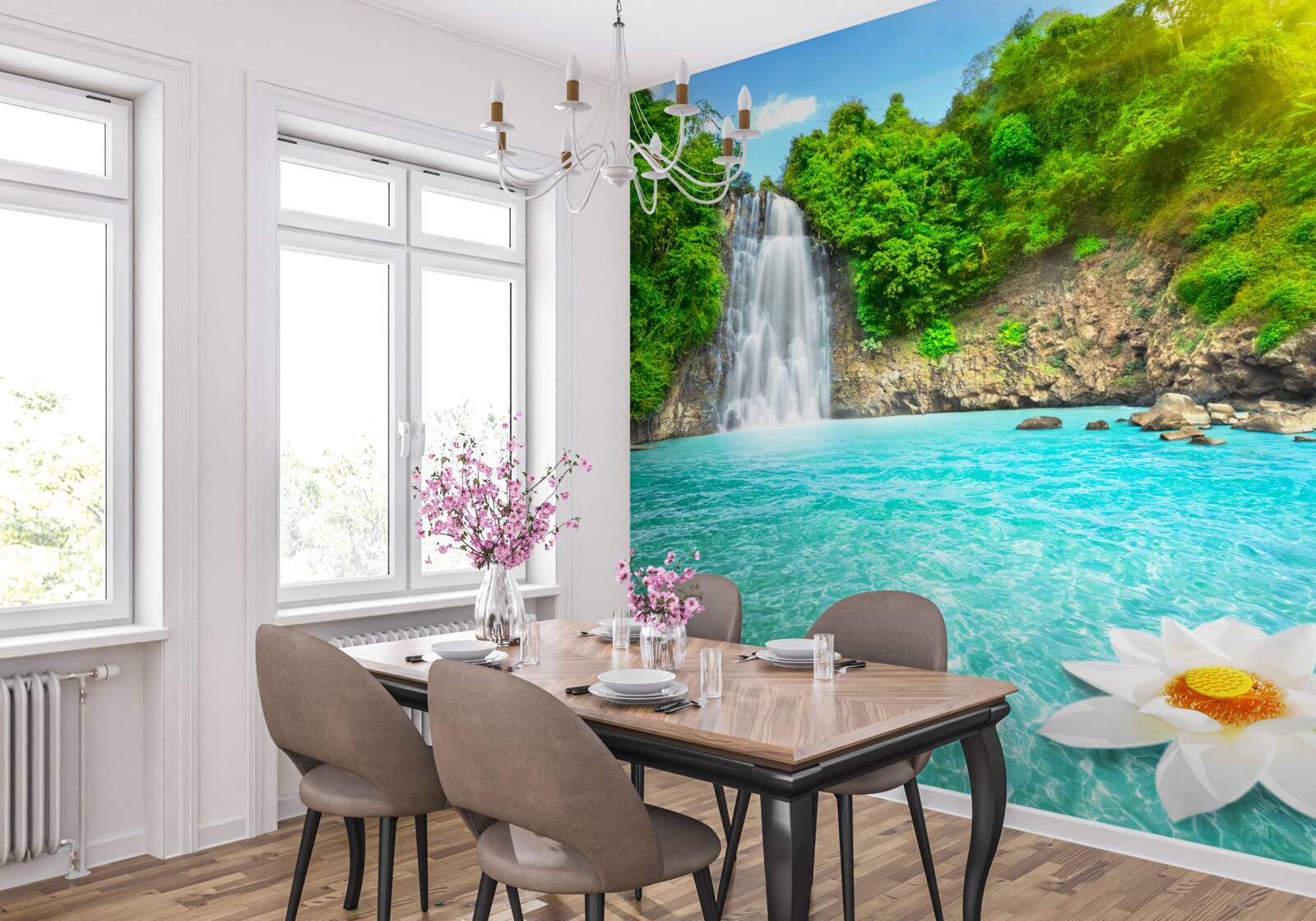 Фотошпалери гірський водоспад і сапфірове озеро