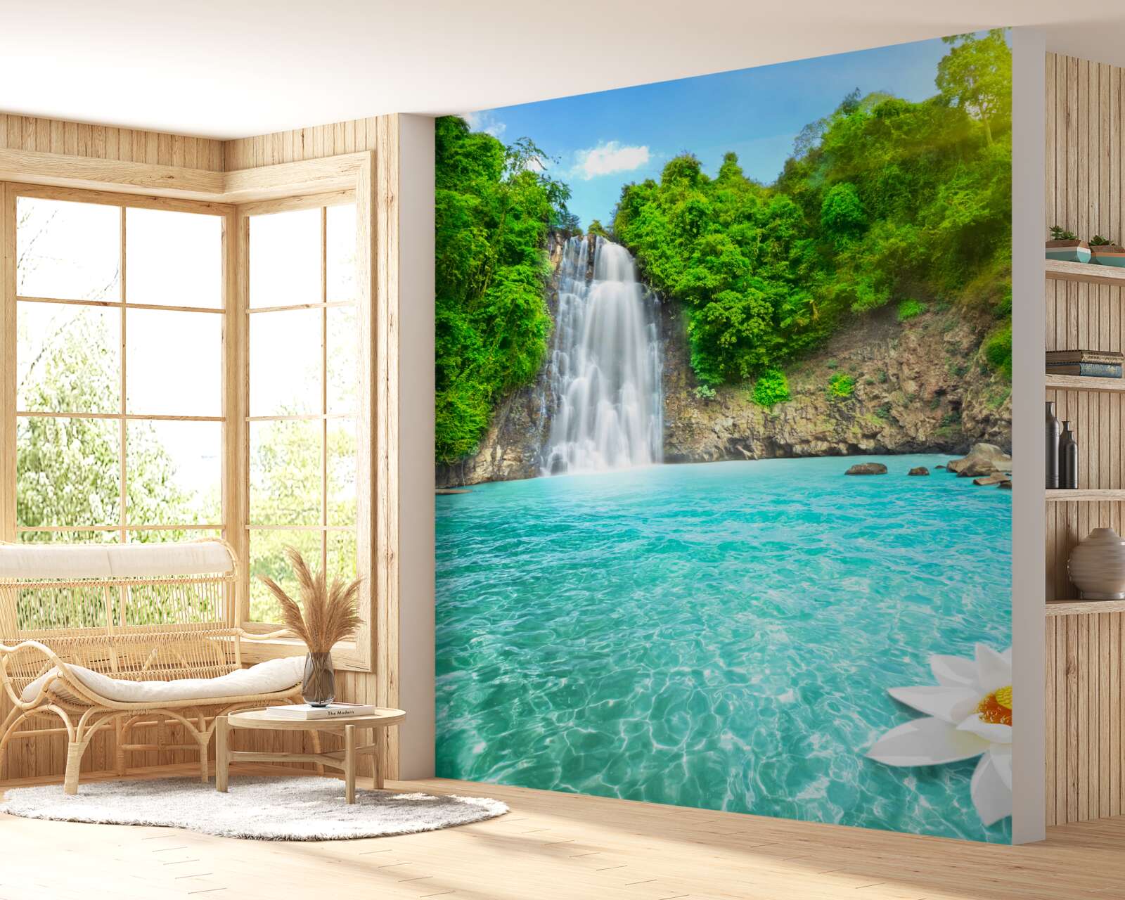 Фотошпалери гірський водоспад і сапфірове озеро