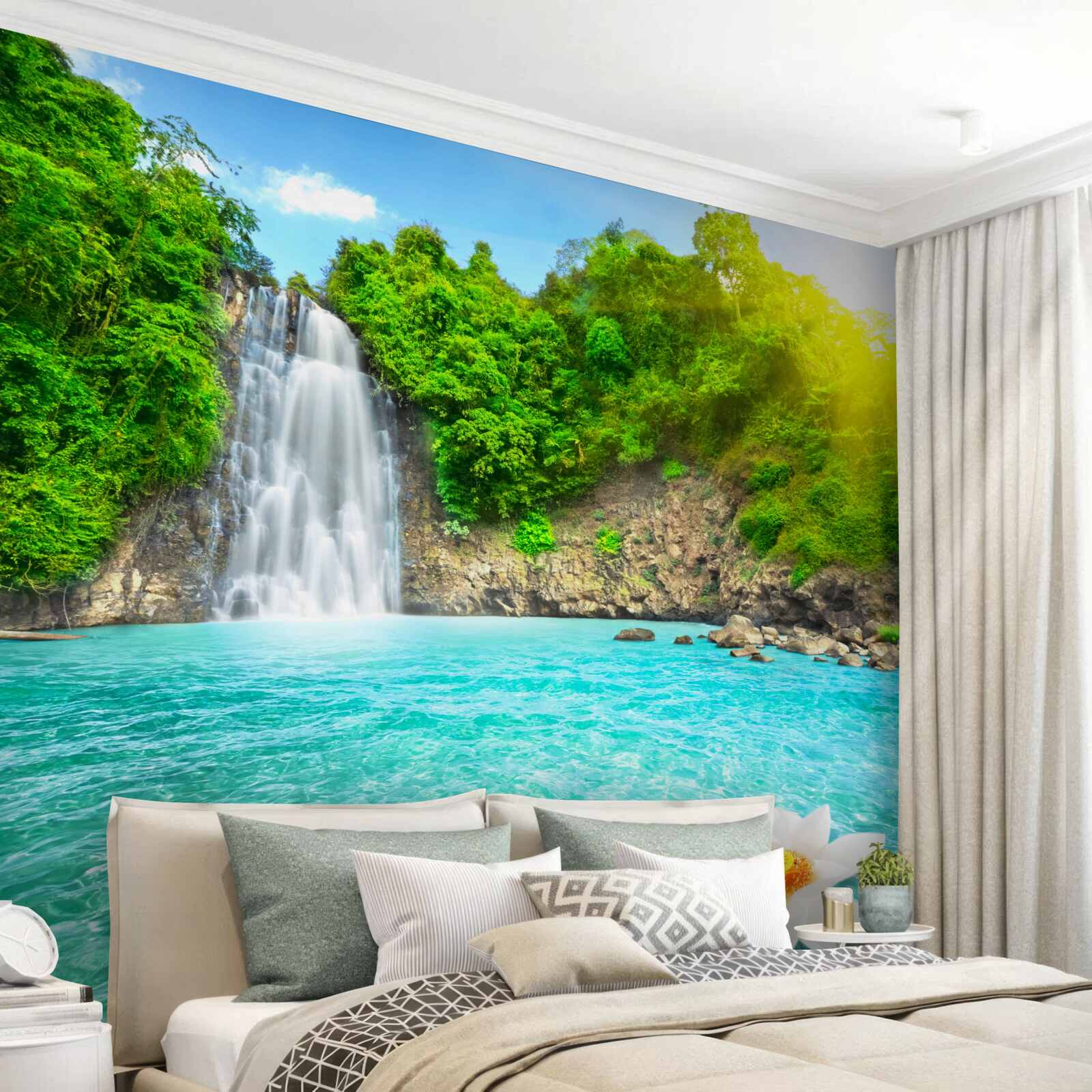 Фотошпалери гірський водоспад і сапфірове озеро