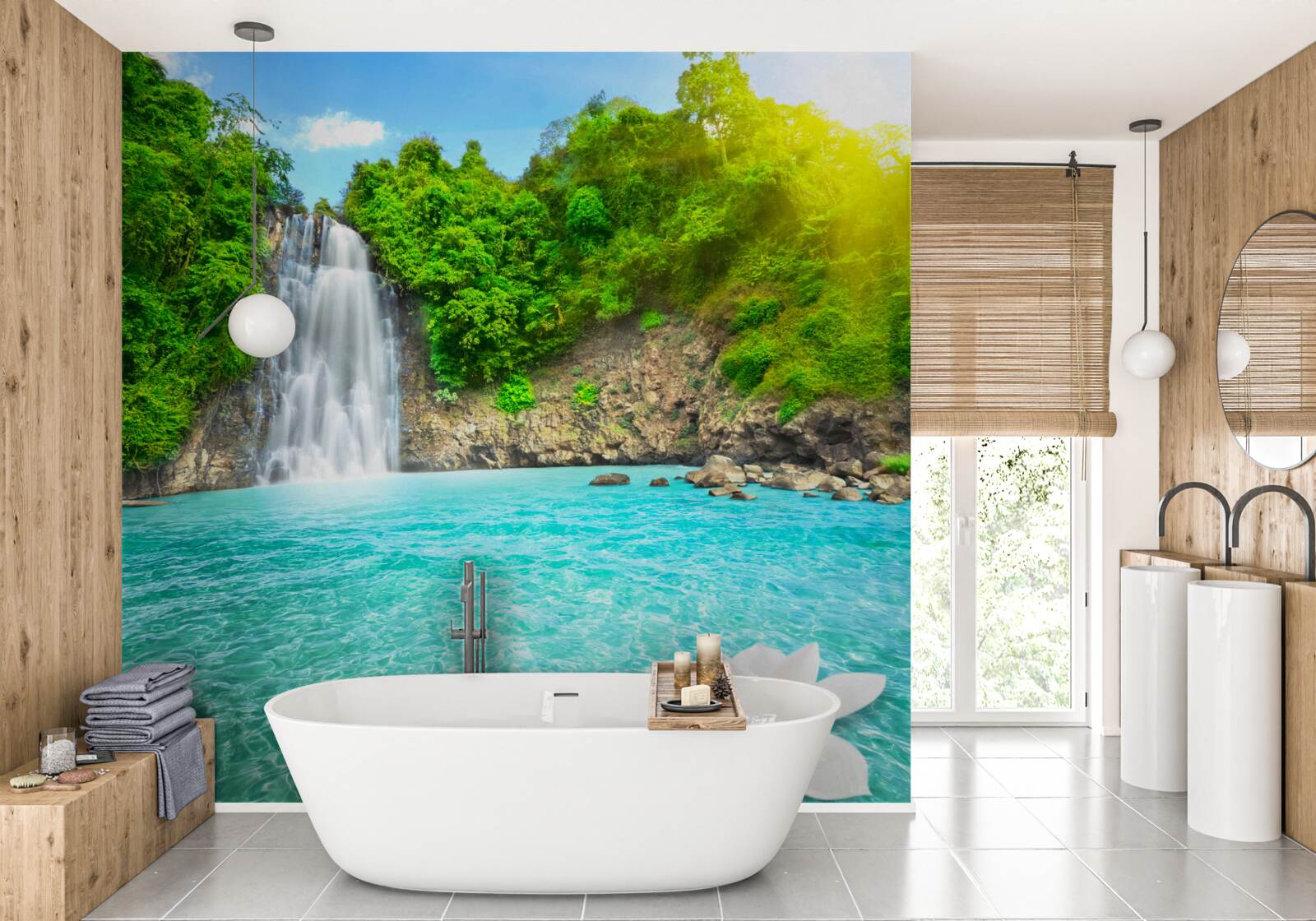 Фотошпалери гірський водоспад і сапфірове озеро