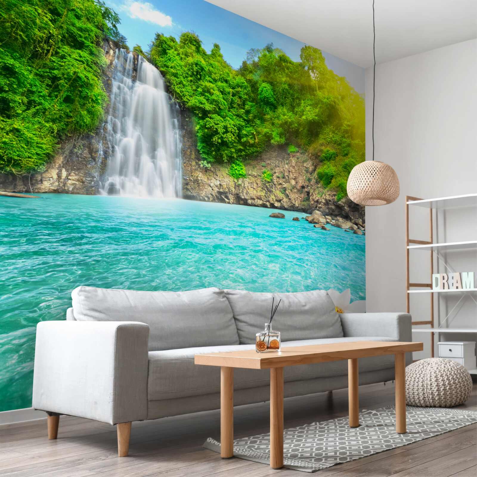 Фотошпалери гірський водоспад і сапфірове озеро