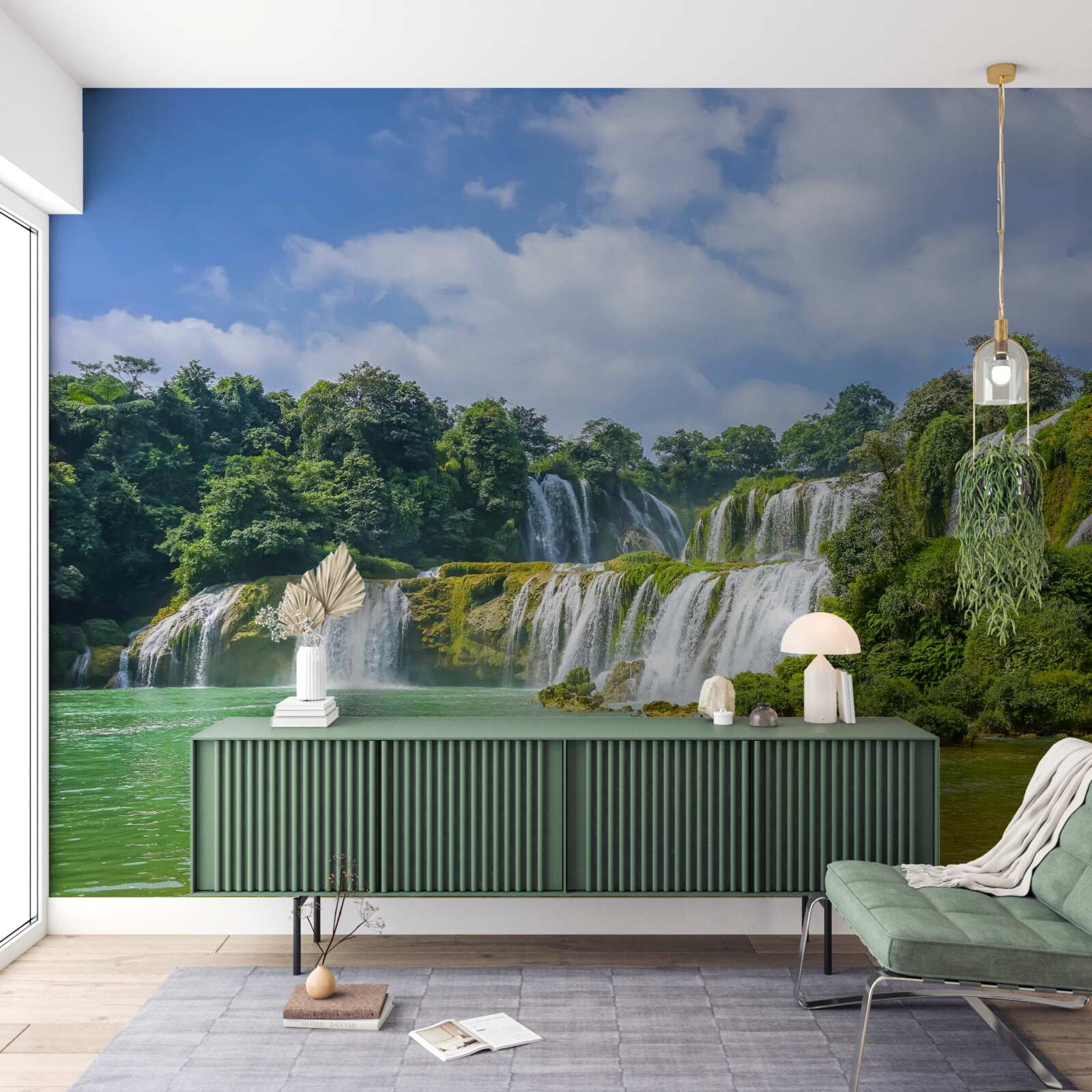 Фотошпалери водоспади, що швидко стікають в озерну улоговину