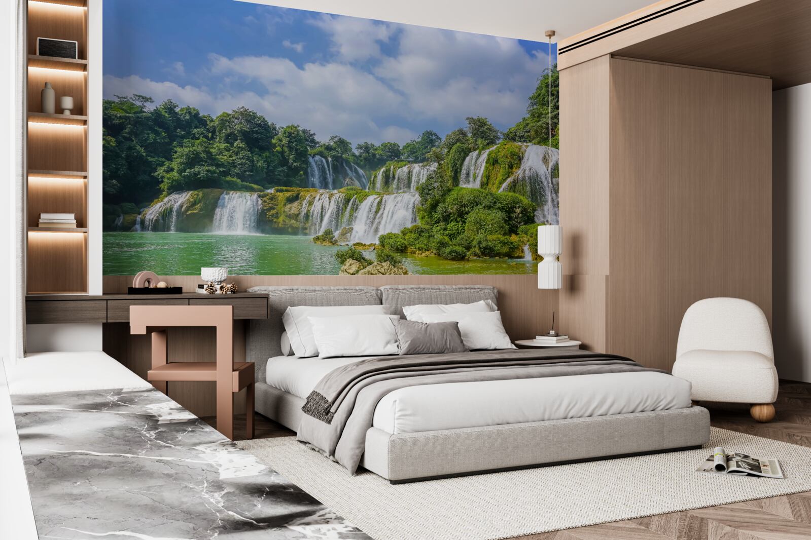 Фотошпалери водоспади, що швидко стікають в озерну улоговину