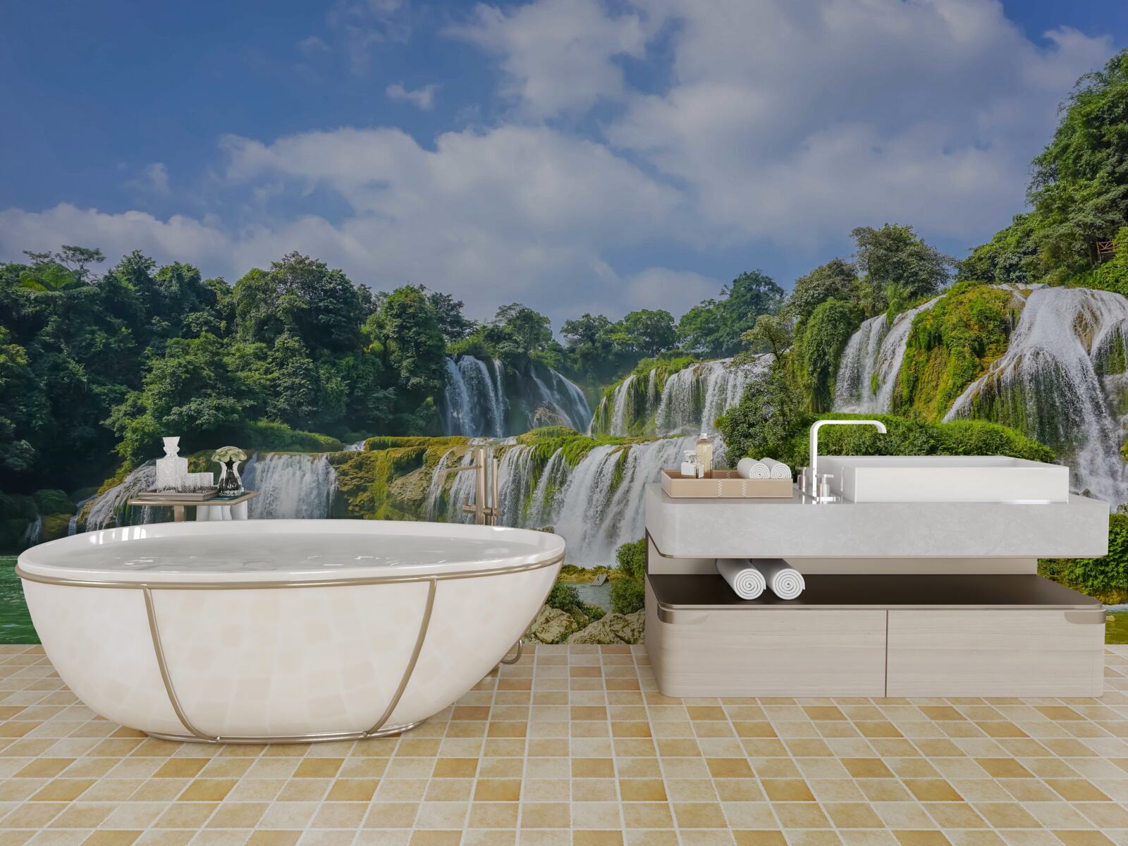 Фотошпалери водоспади, що швидко стікають в озерну улоговину