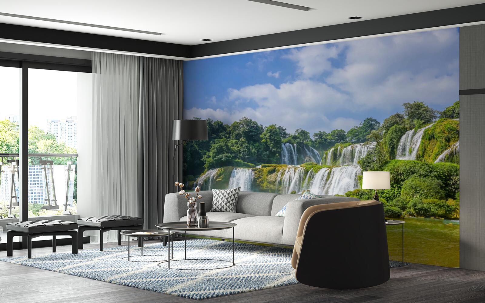 Фотошпалери водоспади, що швидко стікають в озерну улоговину