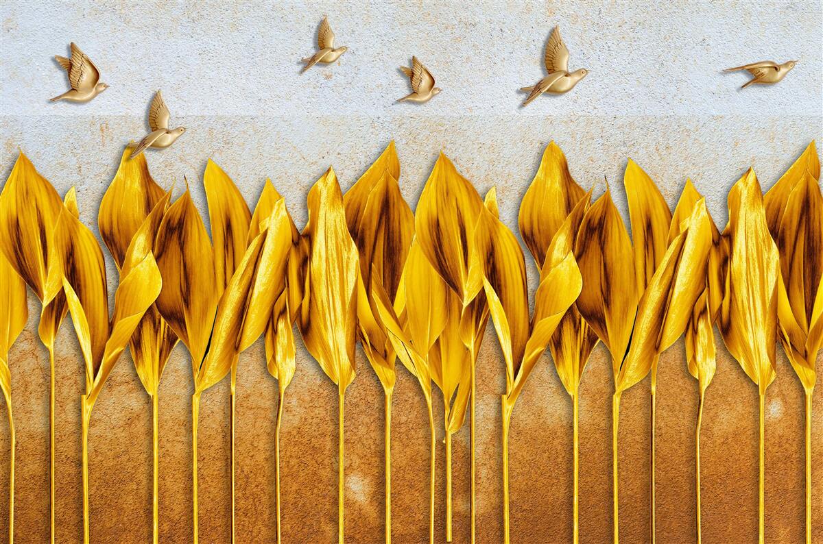 Фотошпалери над крилами птахів, що летять, з'являється золотий осінній ліс