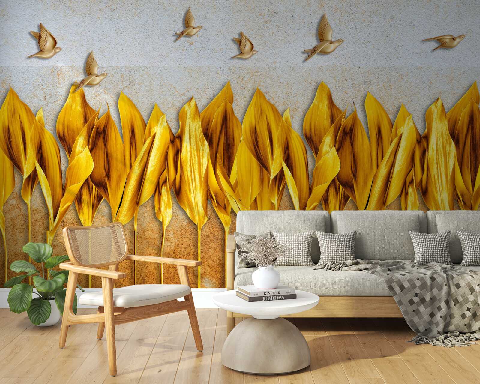 Фотошпалери над крилами птахів, що летять, з'являється золотий осінній ліс